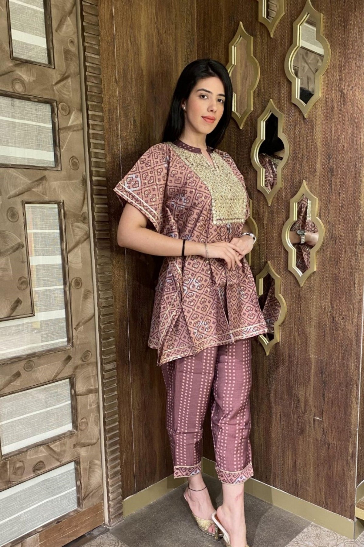 Light wine printed kurti with embellishments and pants