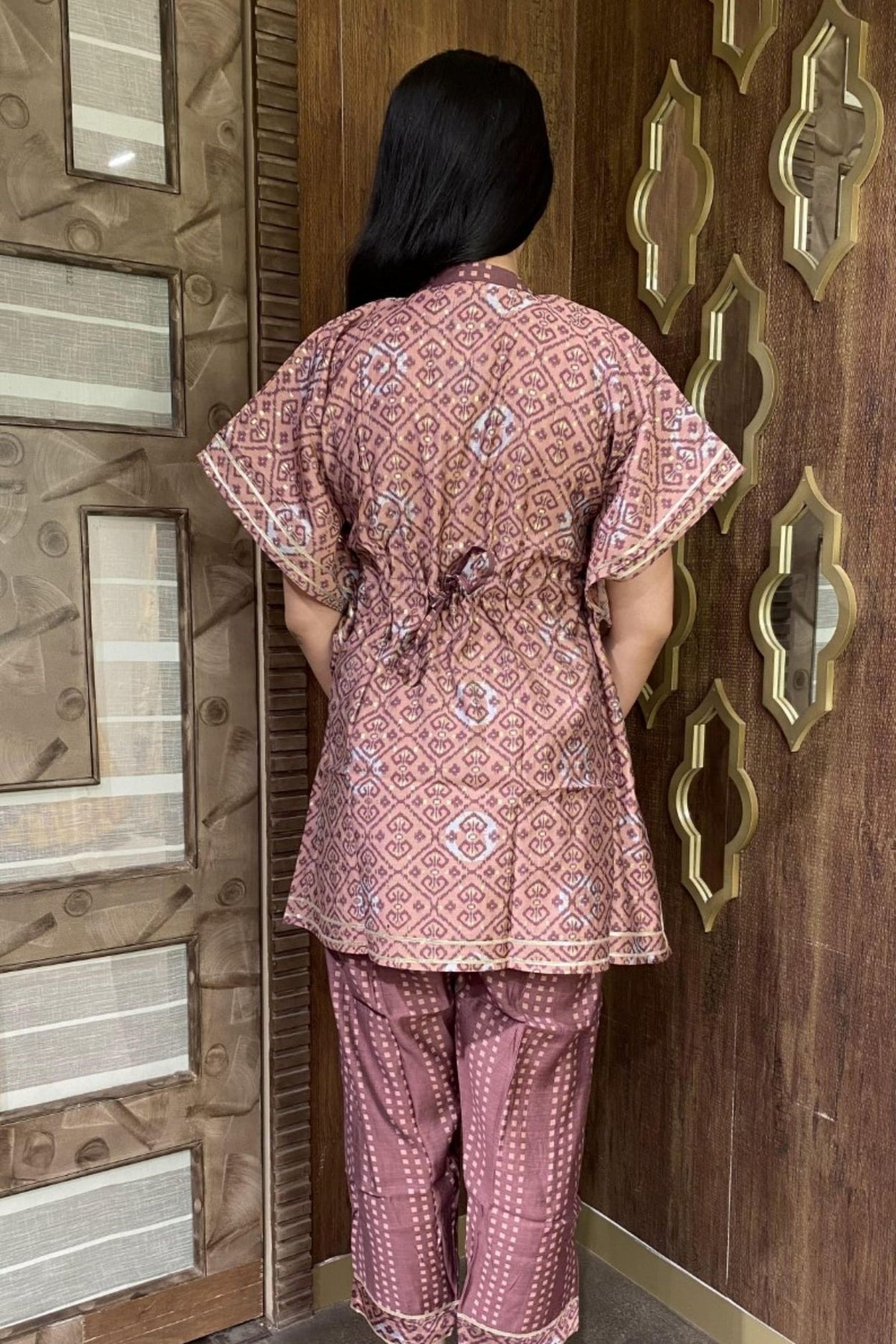 Light wine printed kurti with embellishments and pants