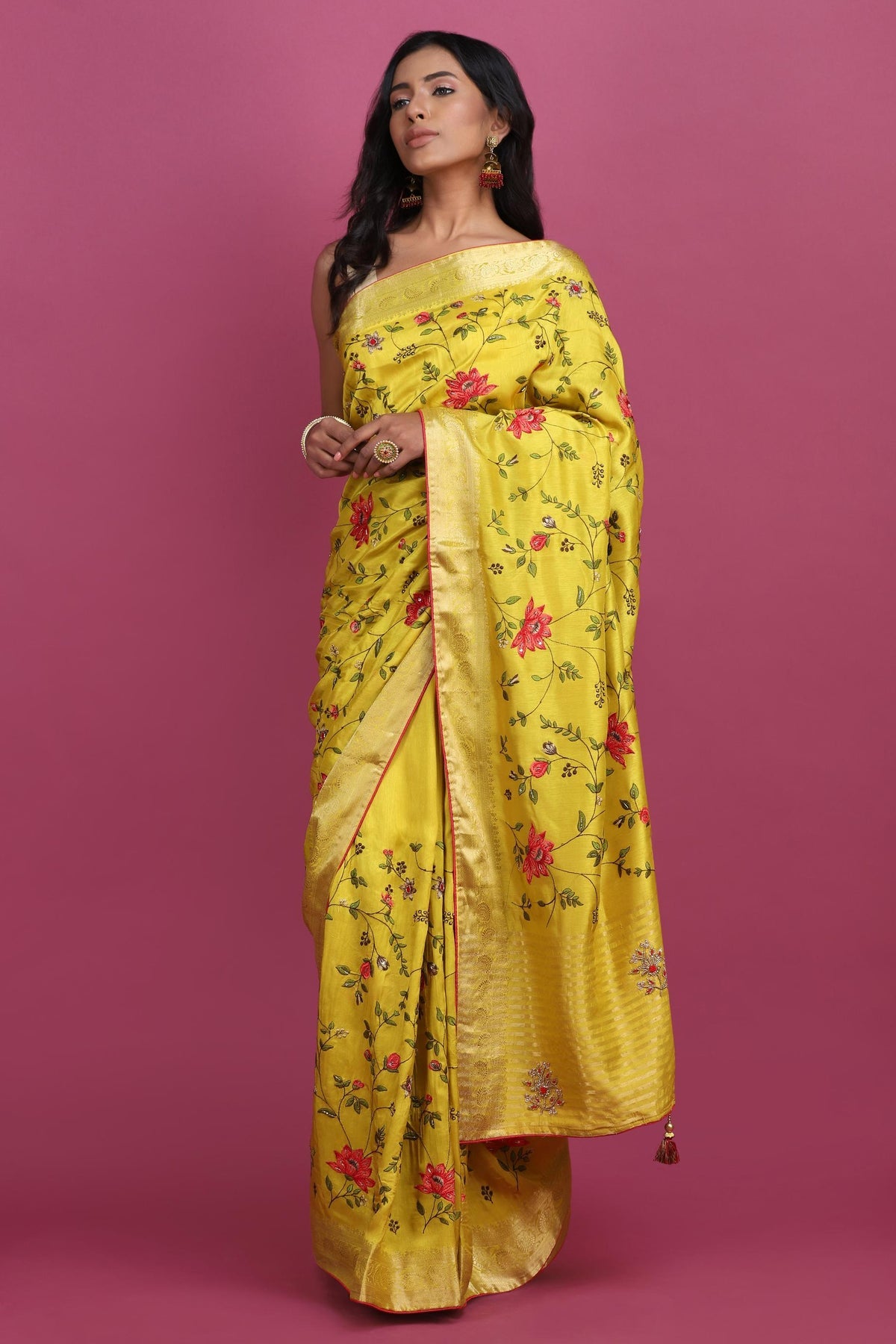 Green woven saree with floral jaal and blouse