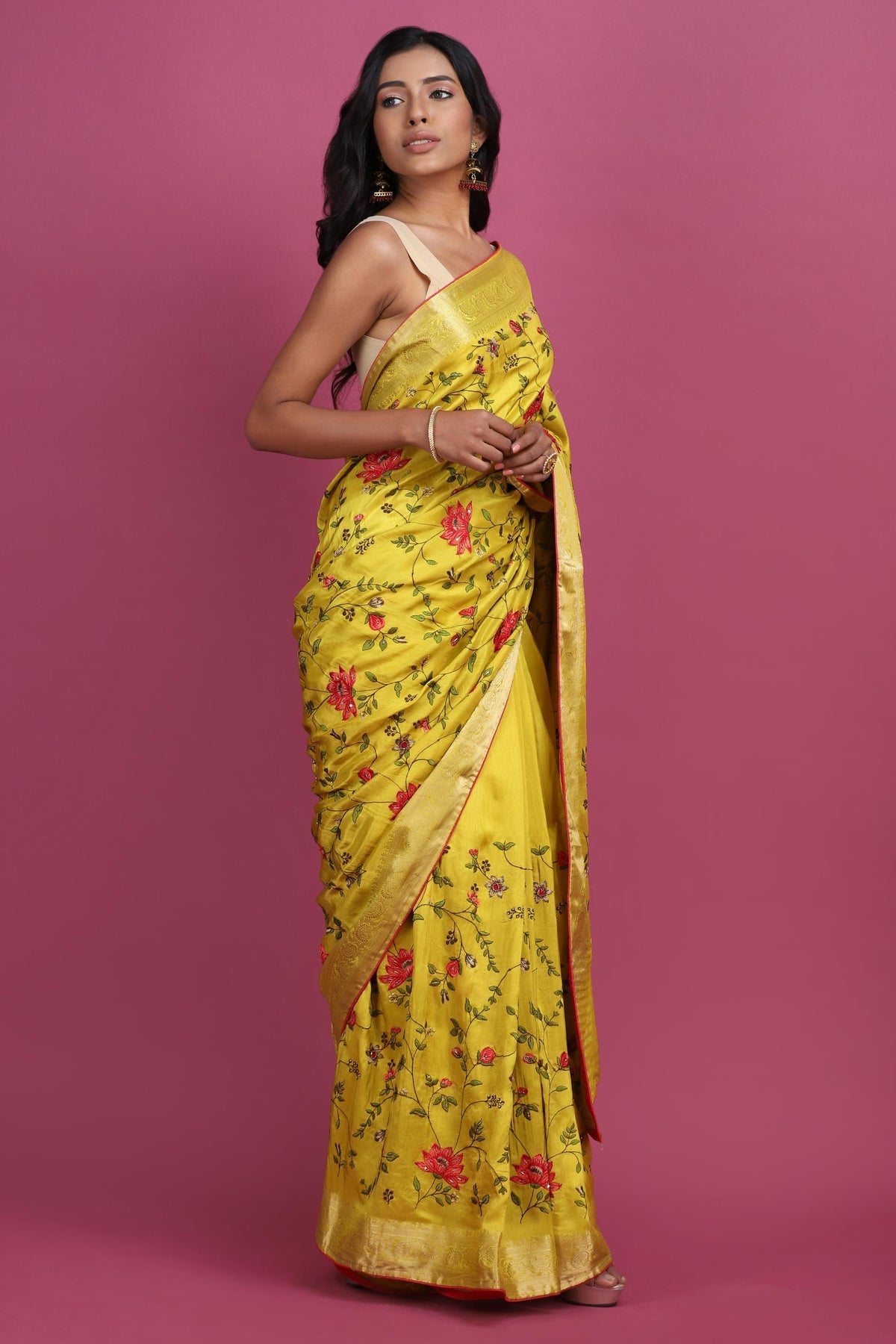 Green woven saree with floral jaal and blouse