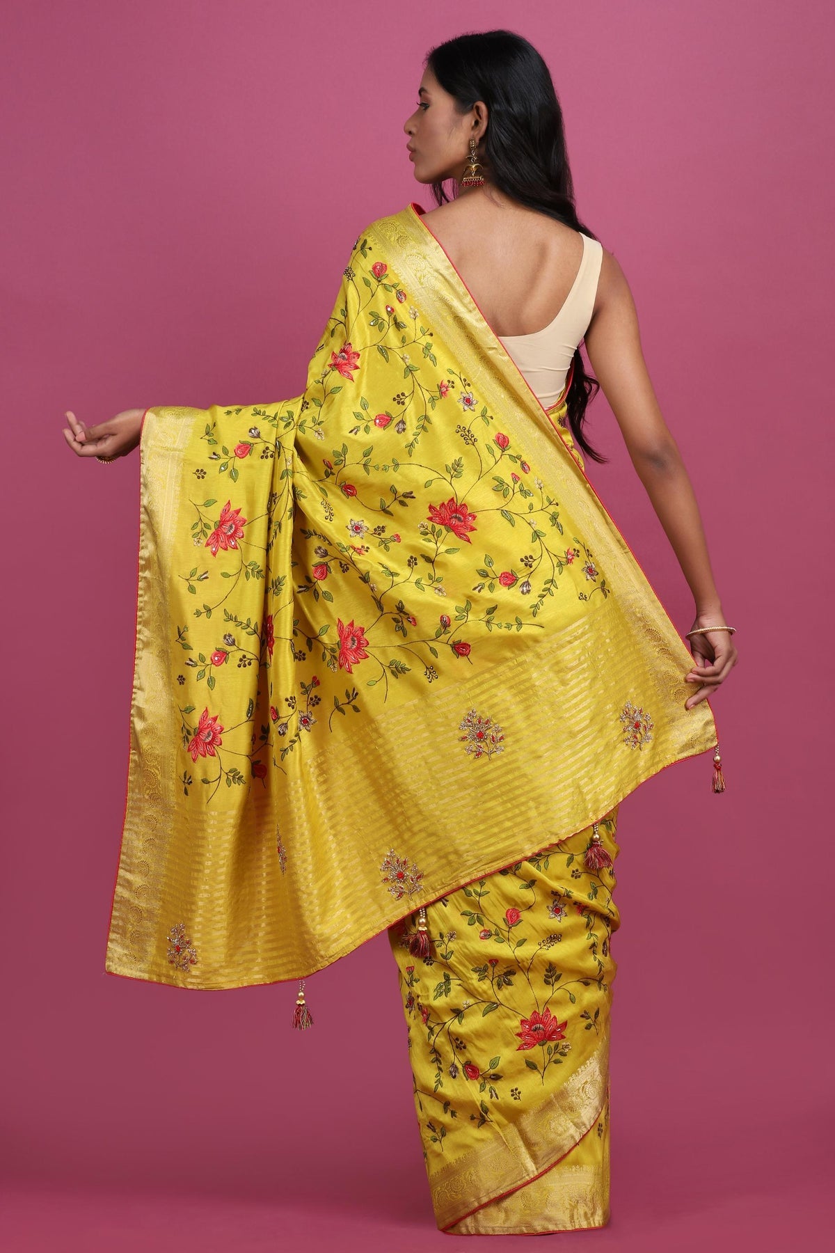 Green woven saree with floral jaal and blouse