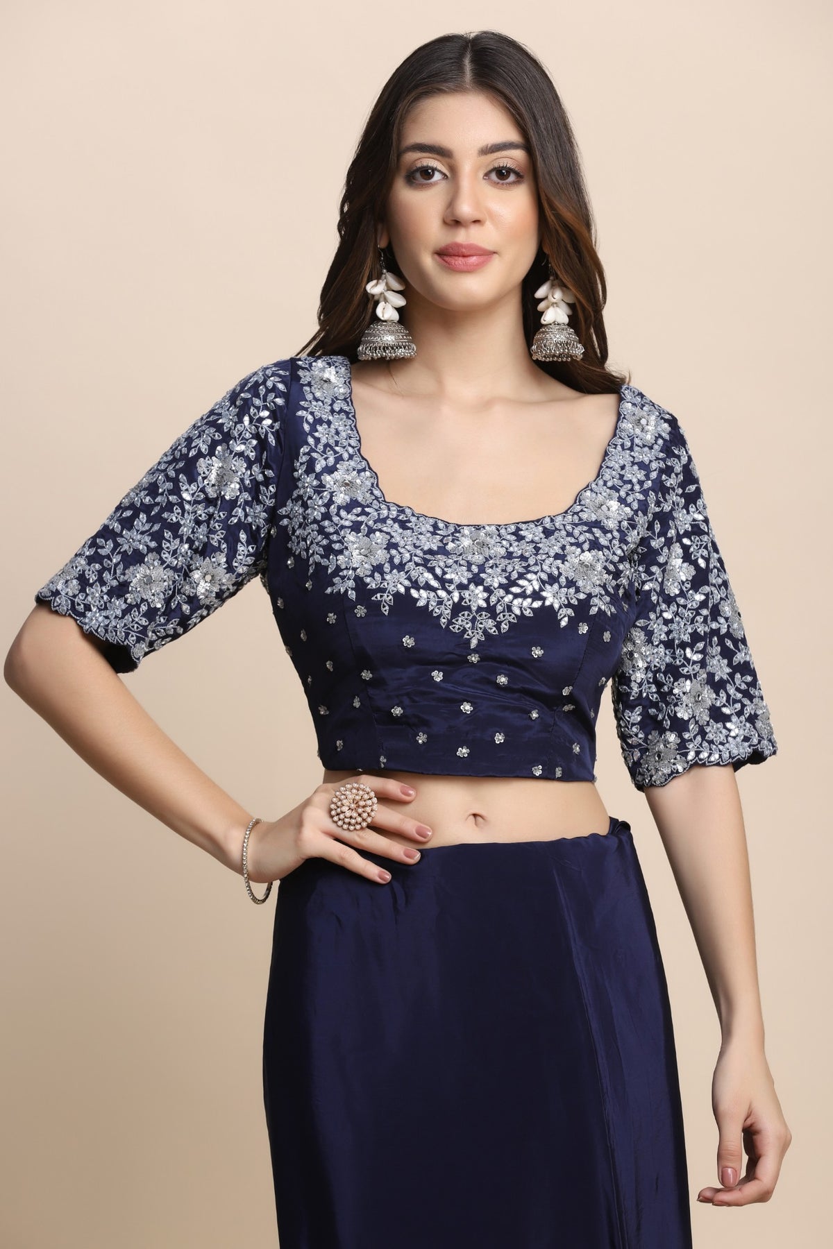 Glamorous royal blue color floral embroidered saree