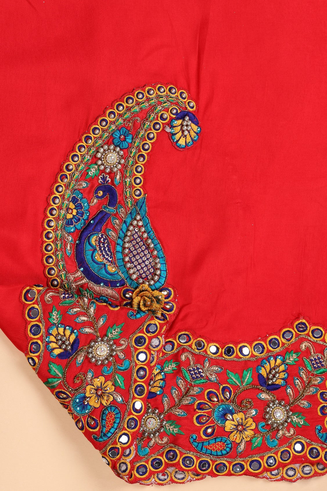 Classic red color woven floral motif saree with broad scalloped border and matching woven blouse