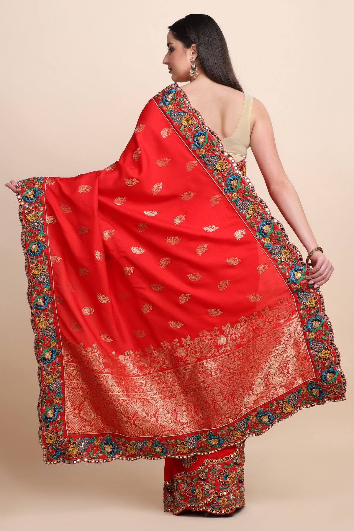 Classic red color woven floral motif saree with broad scalloped border and matching woven blouse
