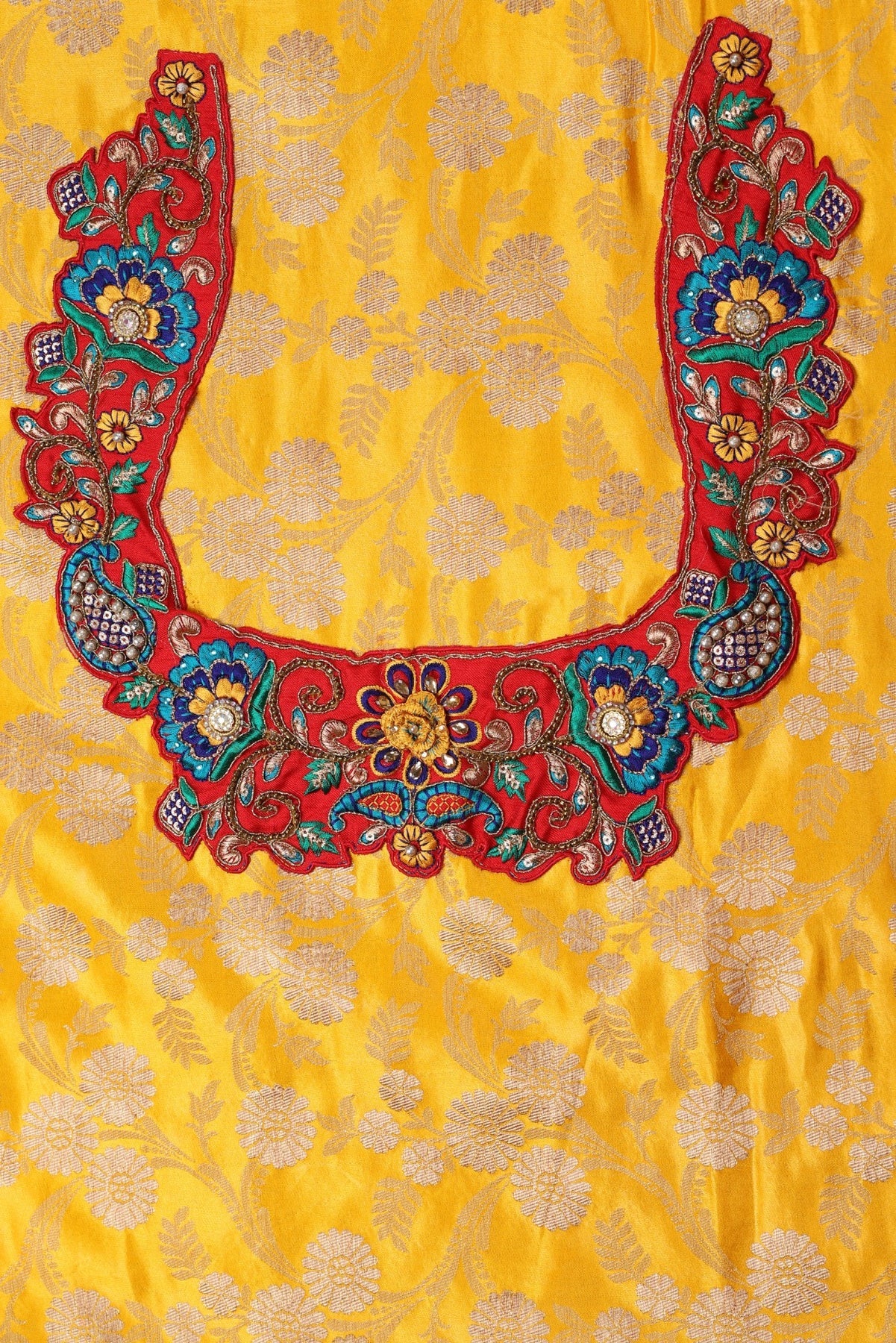 Classic red color woven floral motif saree with broad scalloped border and matching woven blouse