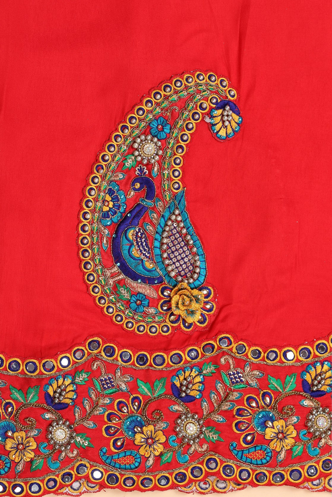 Classic red color woven floral motif saree with broad scalloped border and matching woven blouse