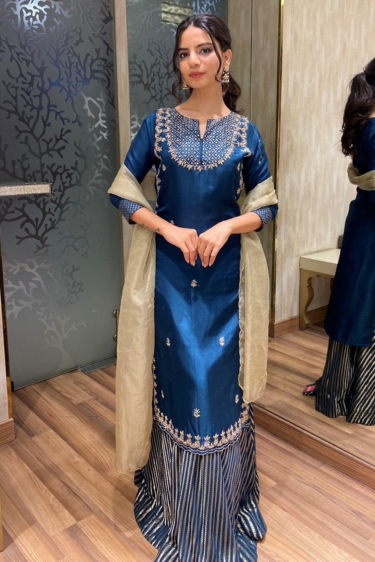 Beautiful Blue Floral Motif with Textured Pattern Kurti