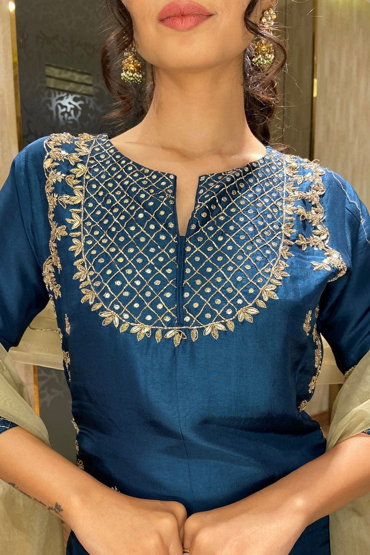 Beautiful Blue Floral Motif with Textured Pattern Kurti