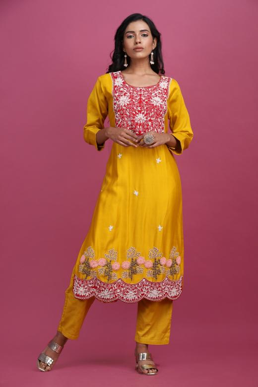 Mustard embellished suit with pants and dupatta