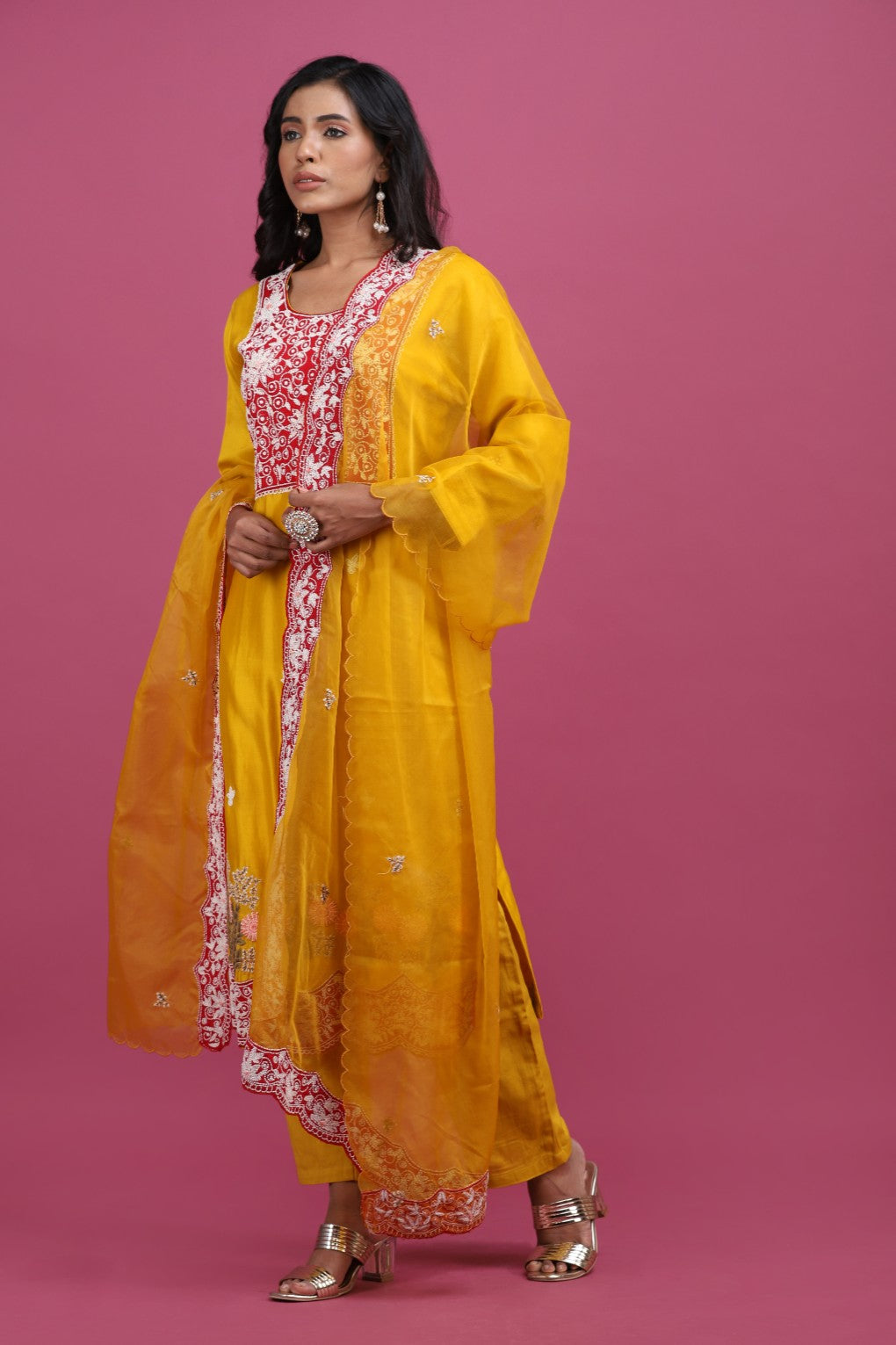 Mustard embellished suit with pants and dupatta