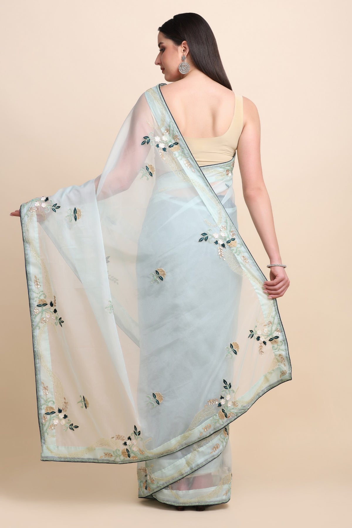 Classy sky blue organza blend floral motif embroidered saree