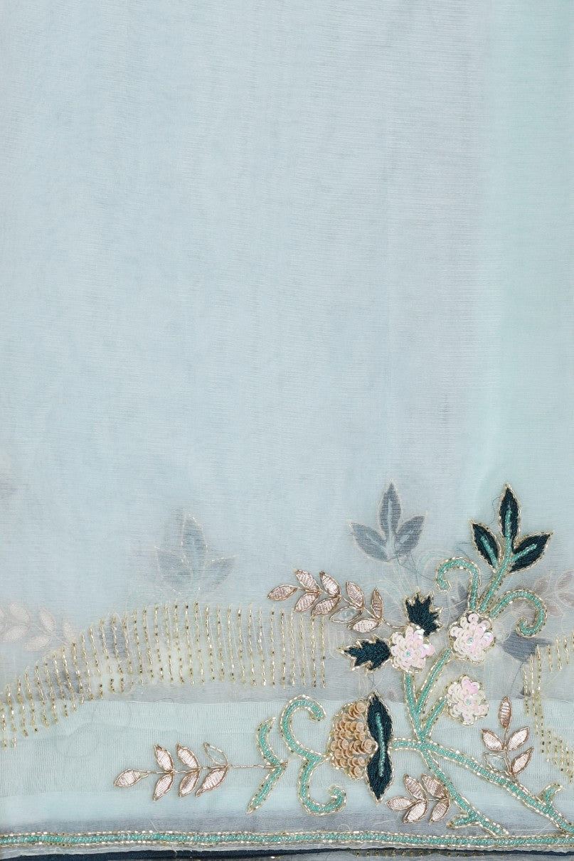 Classy sky blue organza blend floral motif embroidered saree