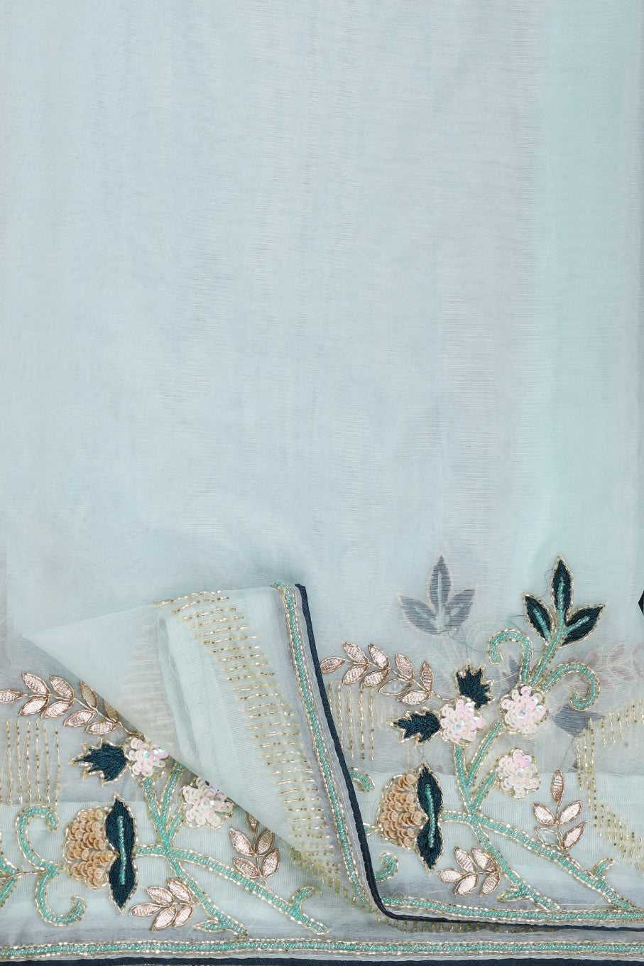 Classy sky blue organza blend floral motif embroidered saree