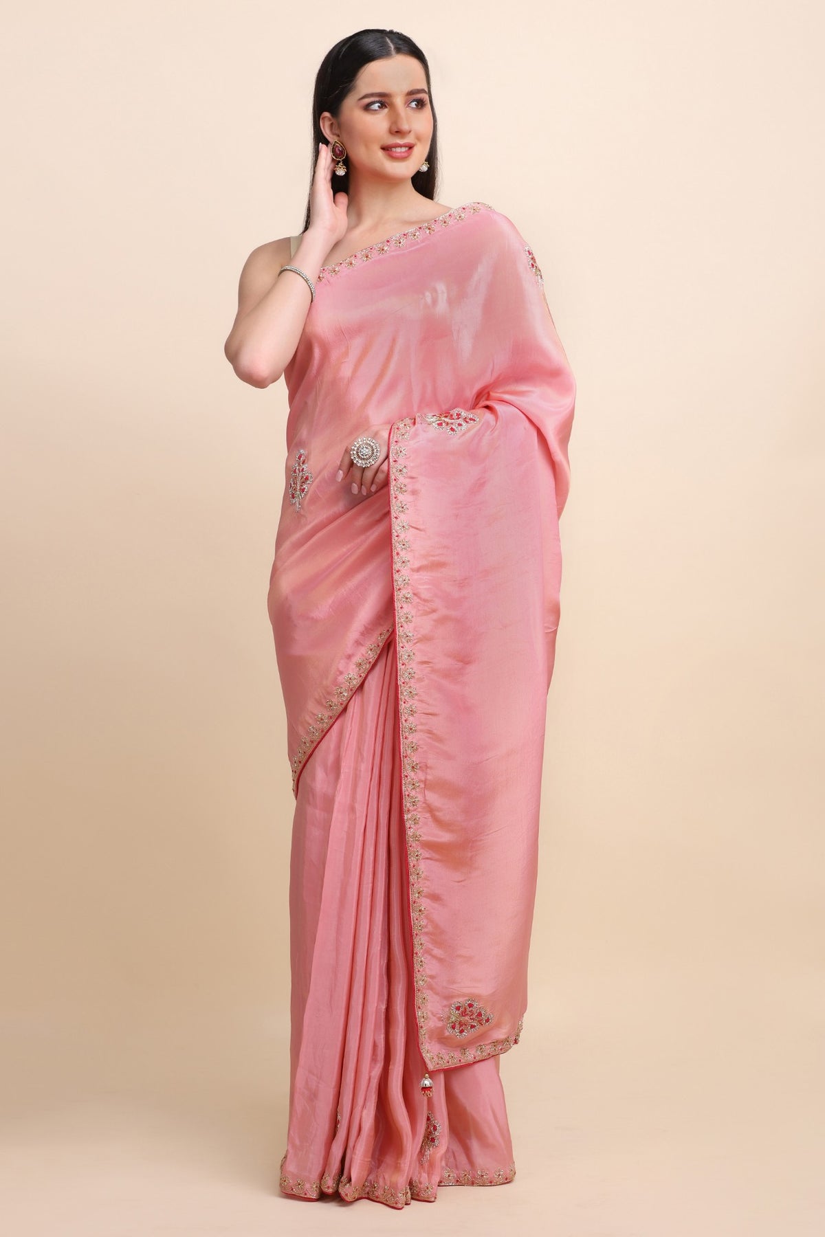 Beautiful Pink Embroidered Saree with Matching Blouse