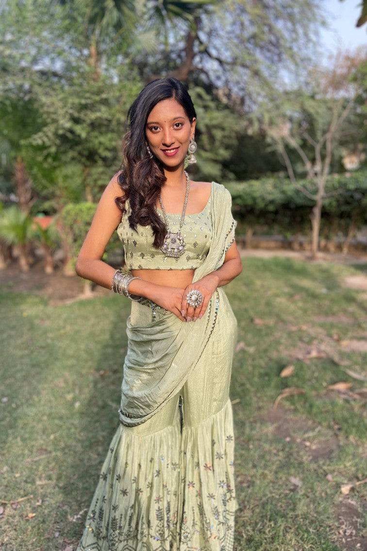 Beautiful green color floral motif embroidered sharara with drape dupatta cum drape saree
