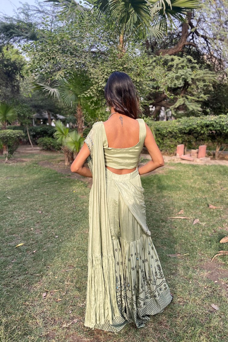 Beautiful green color floral motif embroidered sharara with drape dupatta cum drape saree