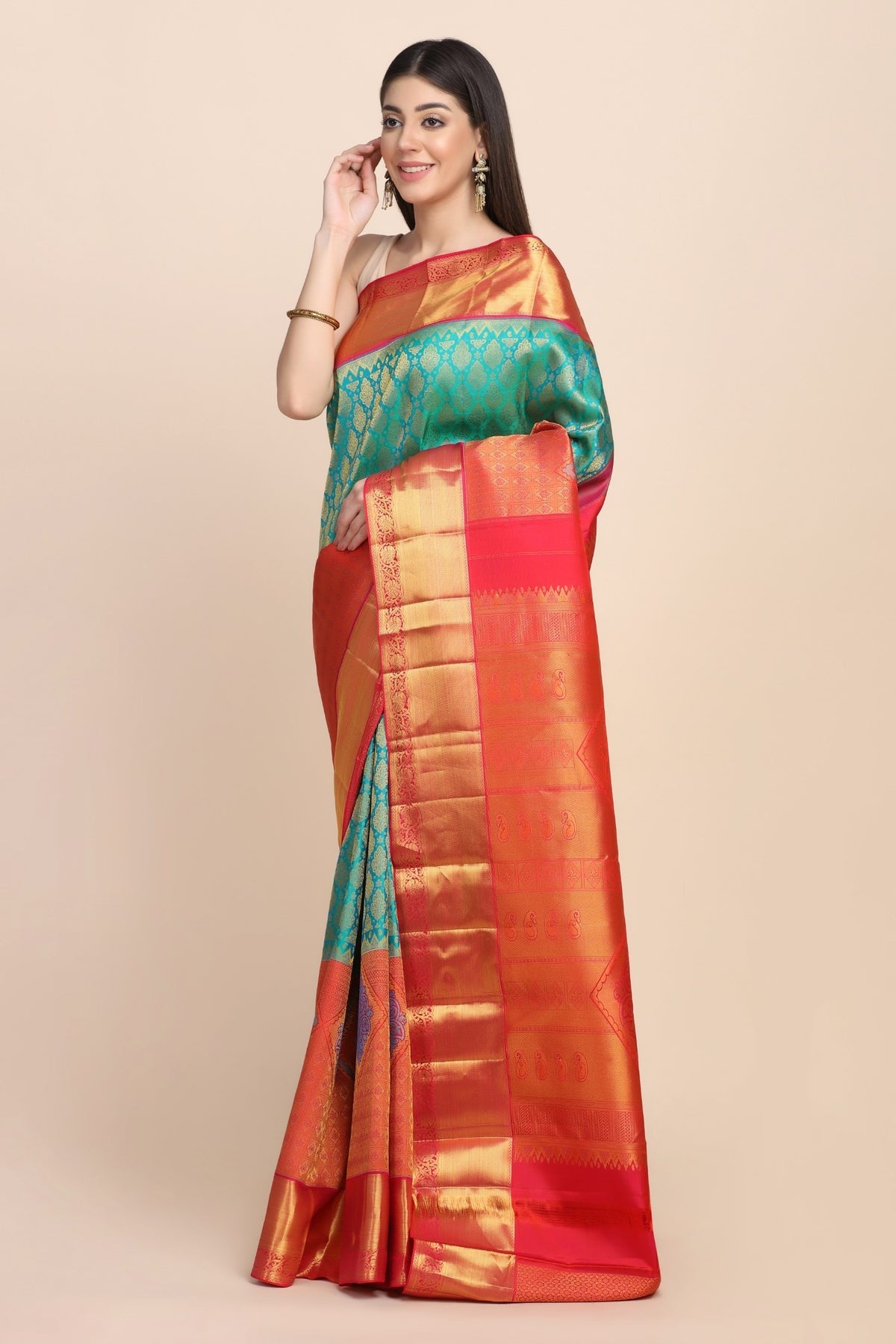 Beautiful turquoise color floral motif handwoven saree