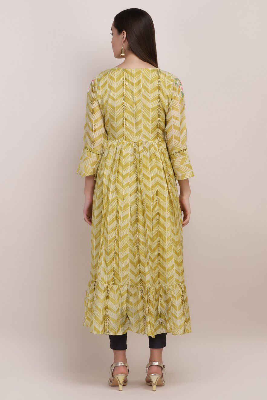 GREEN PRINTED KURTI WITH FLORAL EMBELLISHMENTS