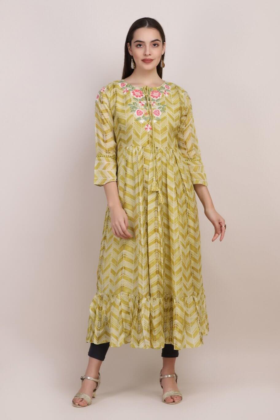 GREEN PRINTED KURTI WITH FLORAL EMBELLISHMENTS