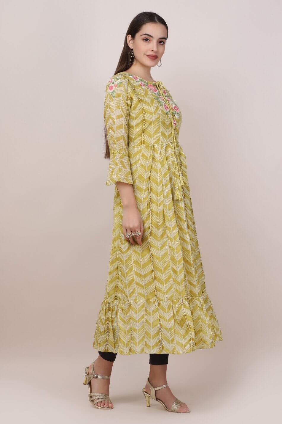 GREEN PRINTED KURTI WITH FLORAL EMBELLISHMENTS