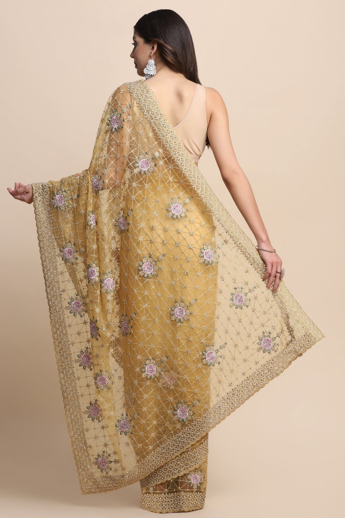 Gorgeous yellow color floral jaal embroidered saree