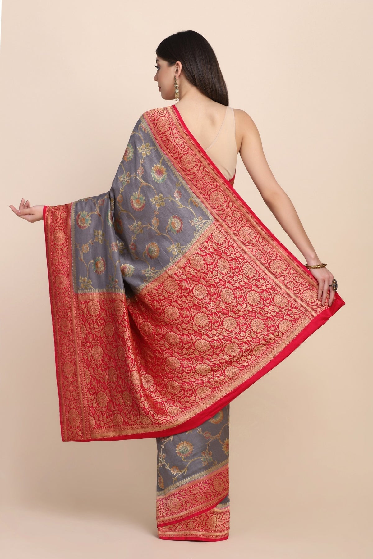 Classic grey color floral jaal hand woven saree