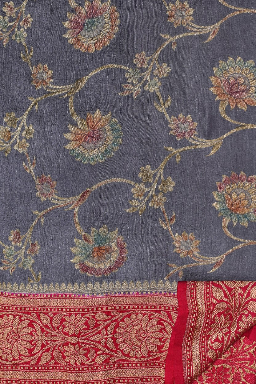 Classic grey color floral jaal hand woven saree