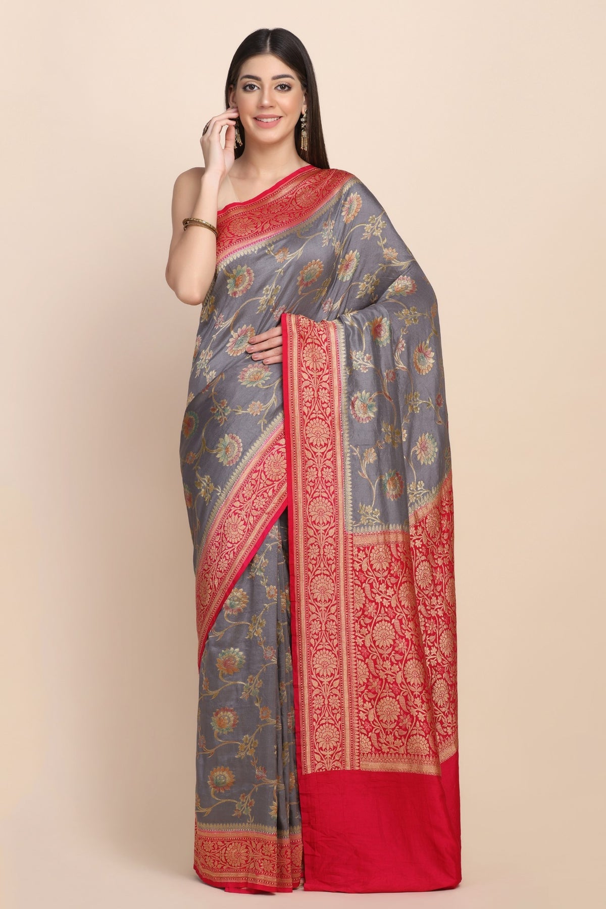 Classic grey color floral jaal hand woven saree