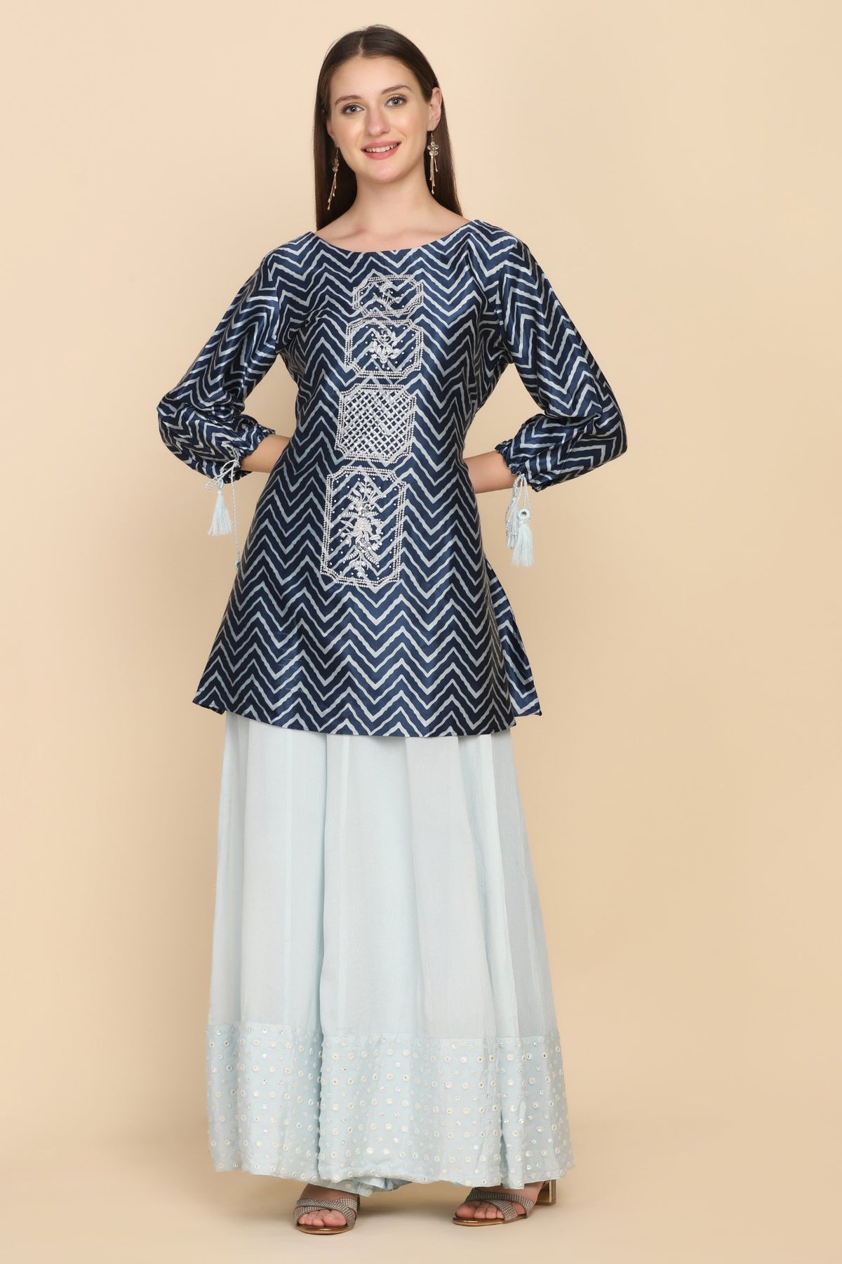 Adorable Blue Color Floral Motif Embroidered Printed Kurti Set