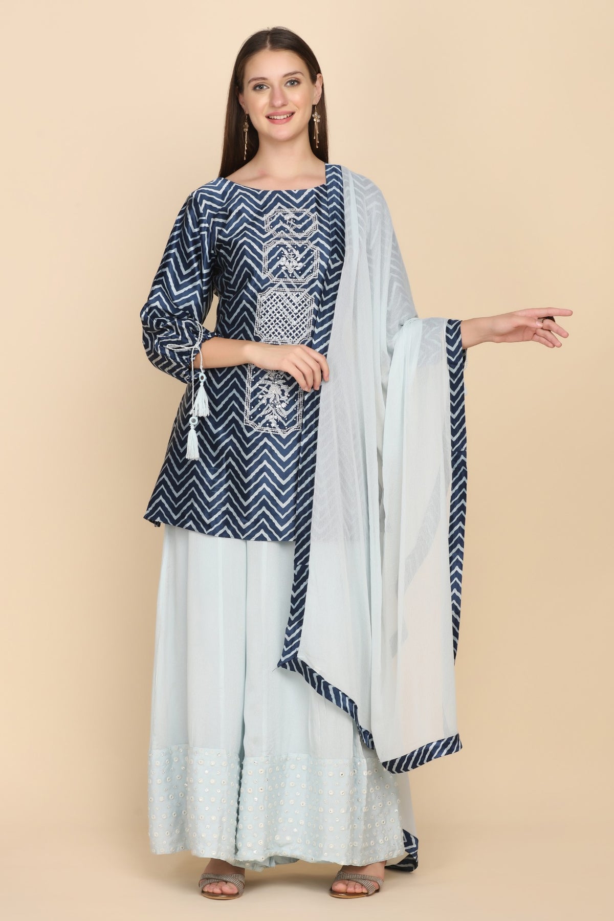Adorable Blue Color Floral Motif Embroidered Printed Kurti Set