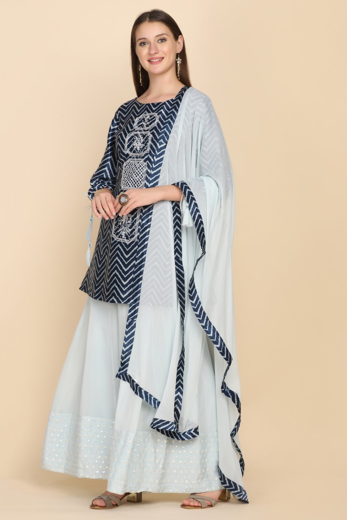 Adorable Blue Color Floral Motif Embroidered Printed Kurti Set