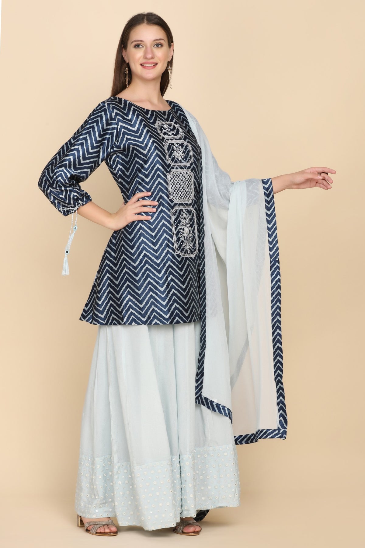 Adorable Blue Color Floral Motif Embroidered Printed Kurti Set