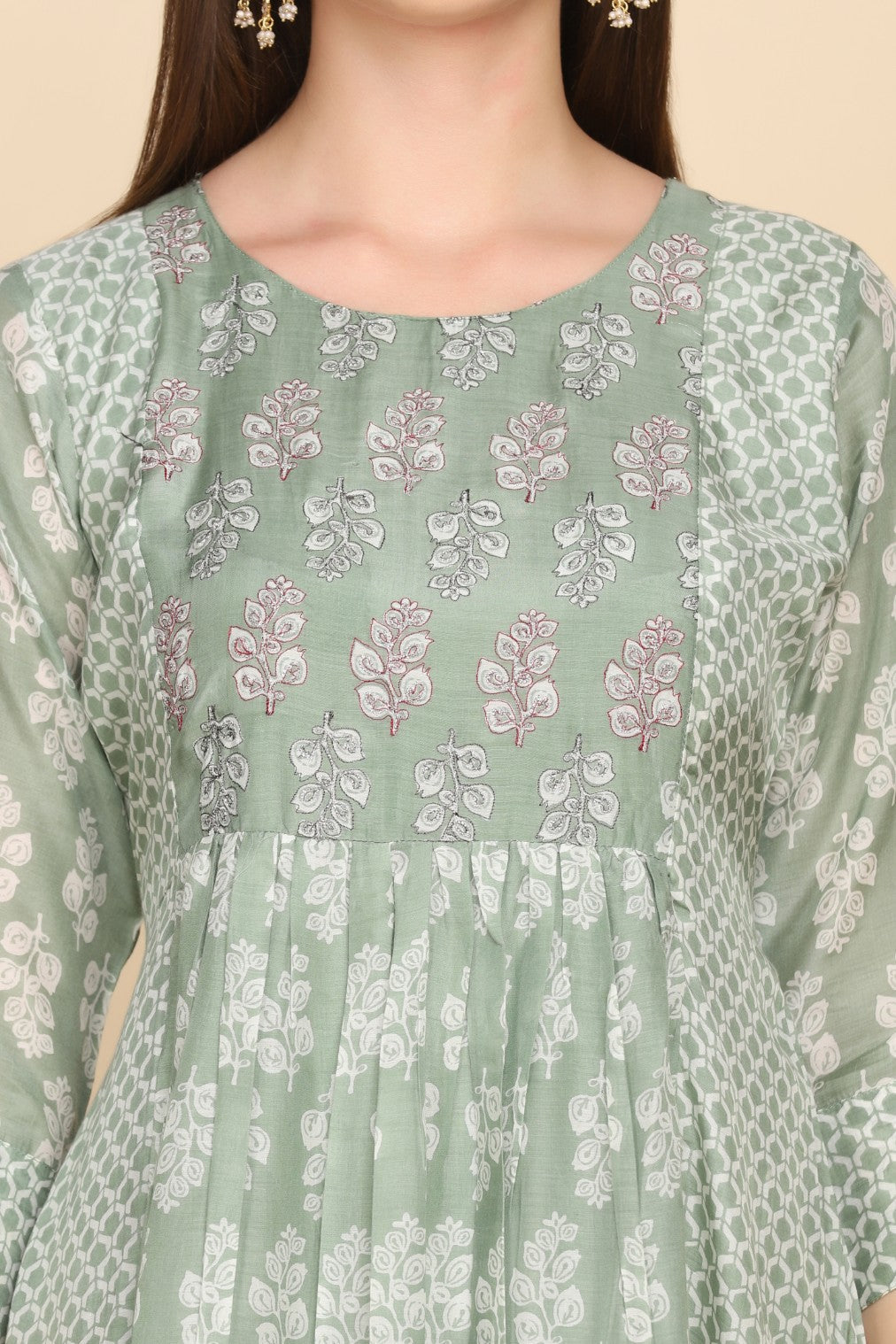 Elegant green printed calf length tunic