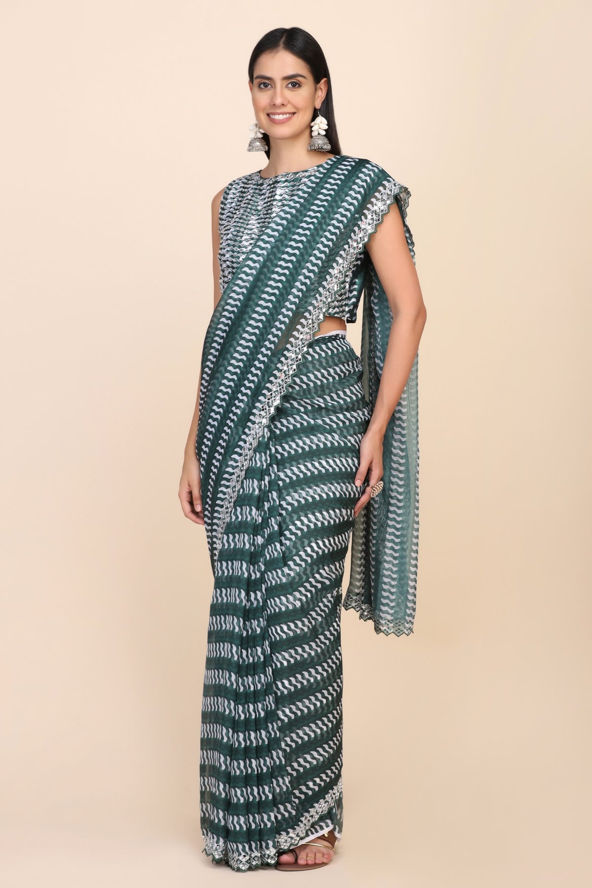 Adorable green color geometric printed saree