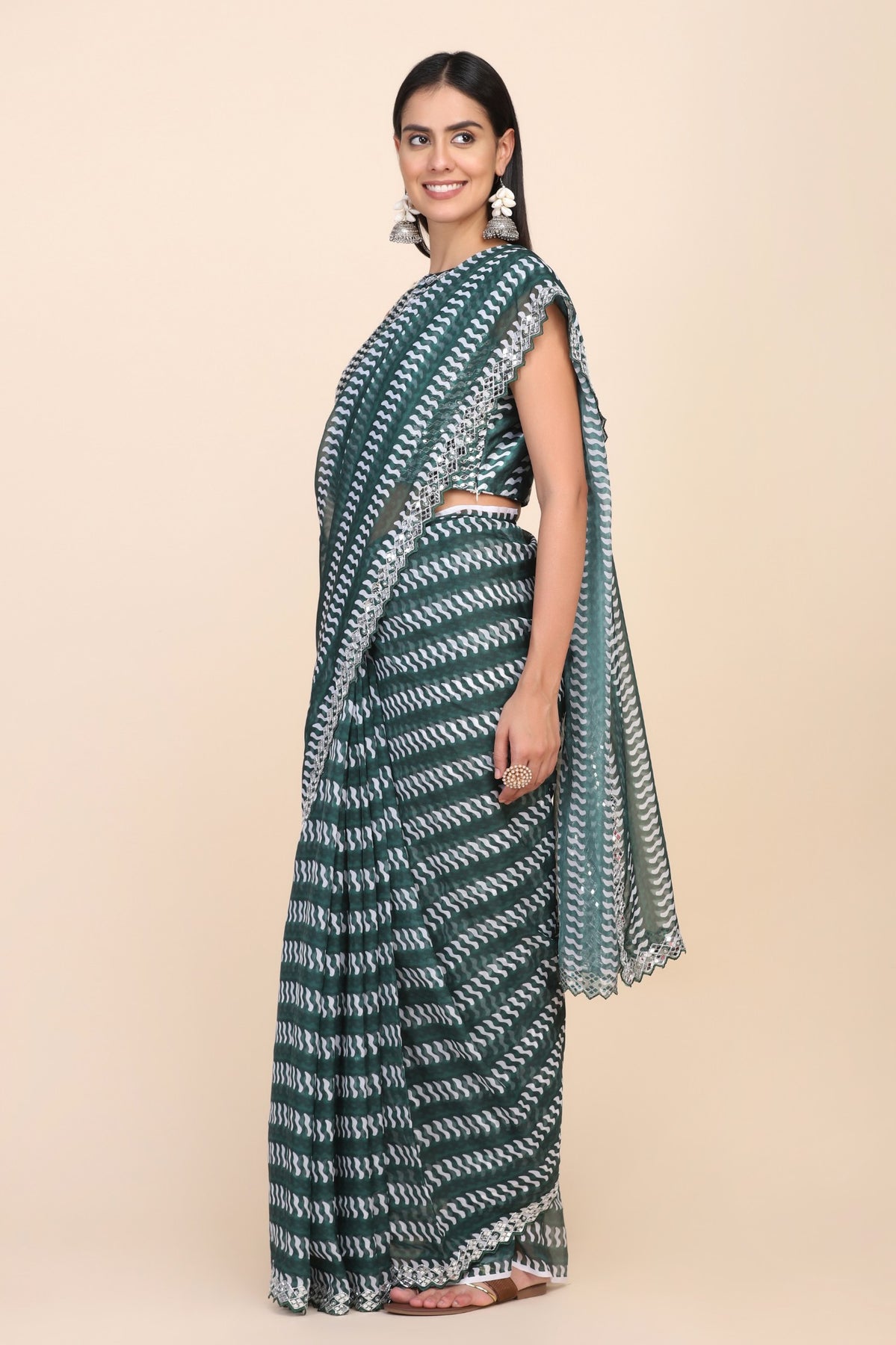 Adorable green color geometric printed saree