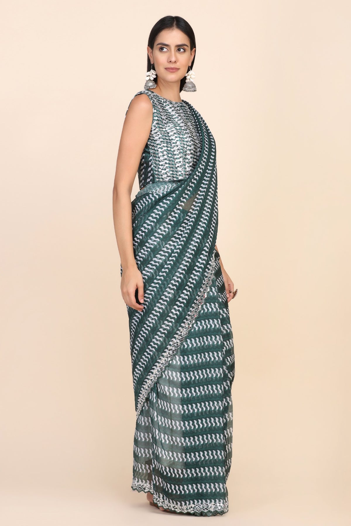 Adorable green color geometric printed saree