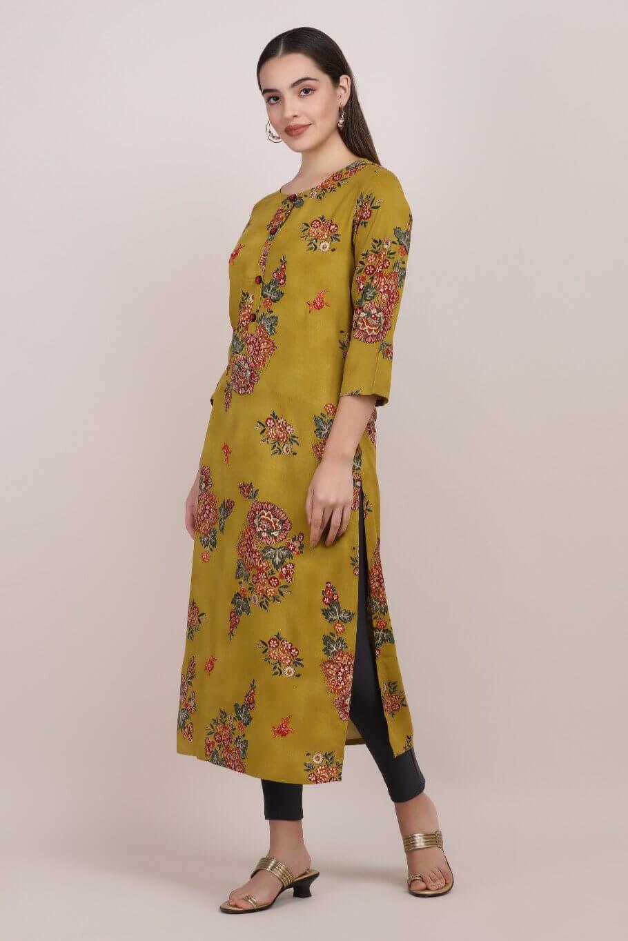 DARK MUSTARD PRINTED KURTI