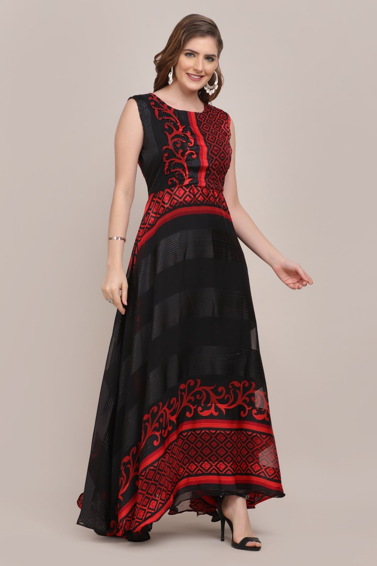 Beautiful red and black color geometrical motif printed kurti