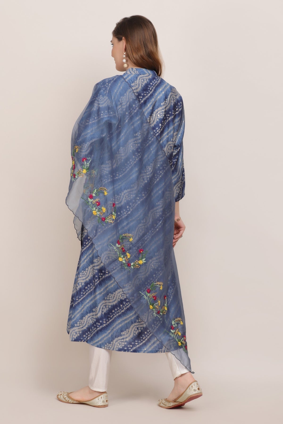 Elegant dark blue color tie and dyed bandhini embroidered kurti