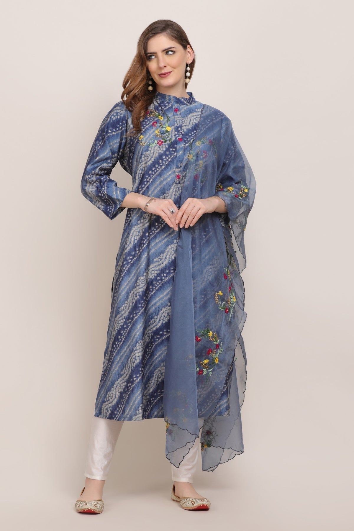 Elegant dark blue color tie and dyed bandhini embroidered kurti