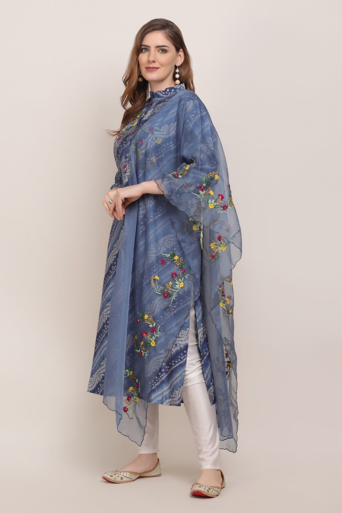 Elegant dark blue color tie and dyed bandhini embroidered kurti