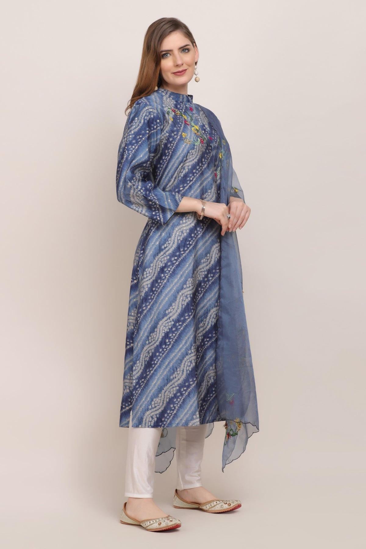 Elegant dark blue color tie and dyed bandhini embroidered kurti
