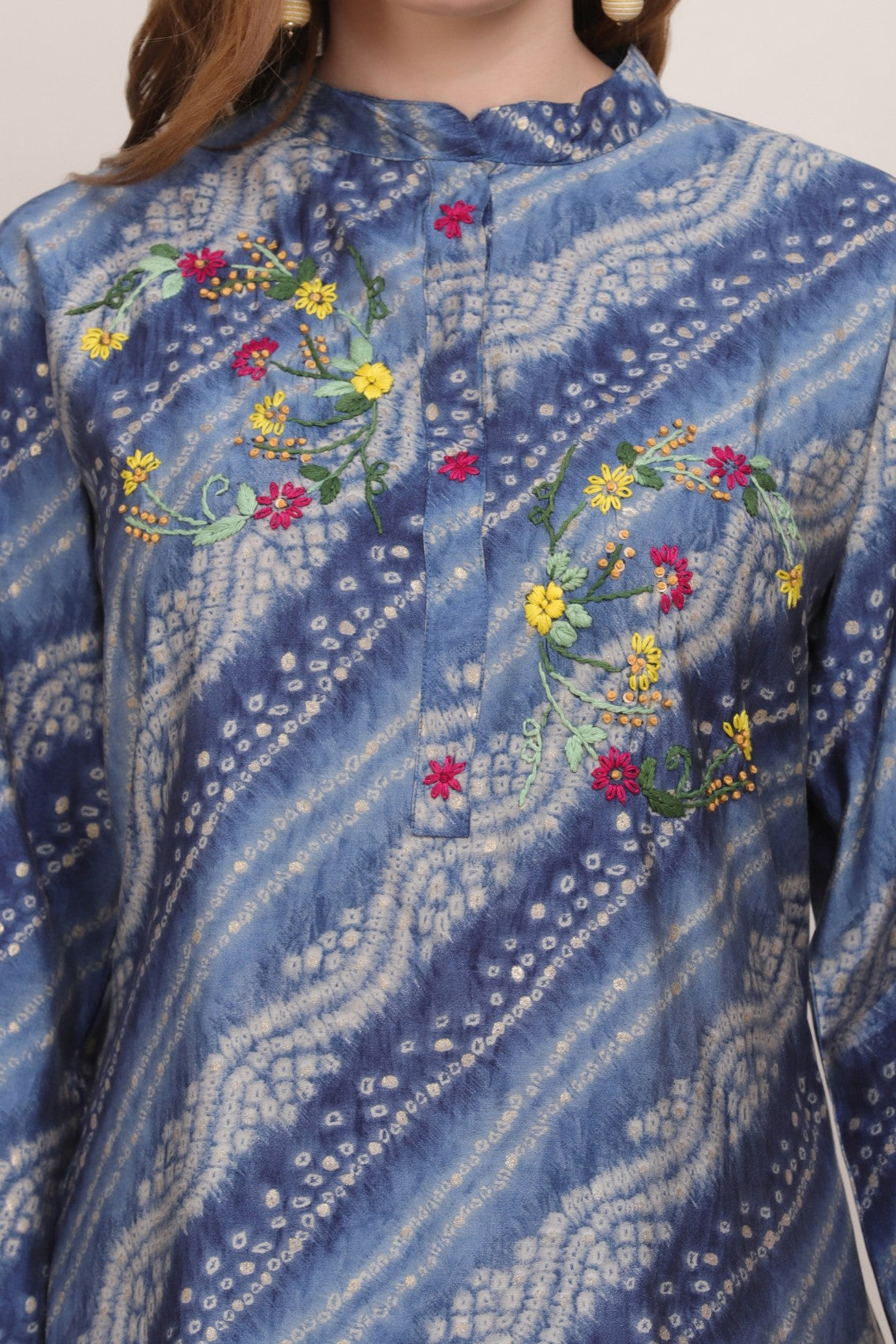 Elegant dark blue color tie and dyed bandhini embroidered kurti