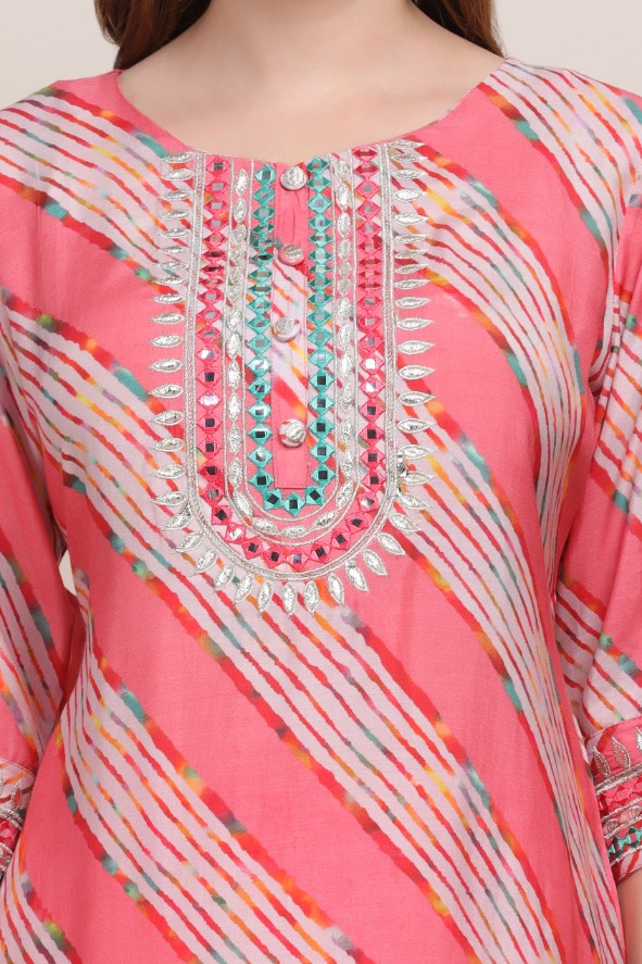 Classic Pink Color Diagonal Stripes Printed Kurti