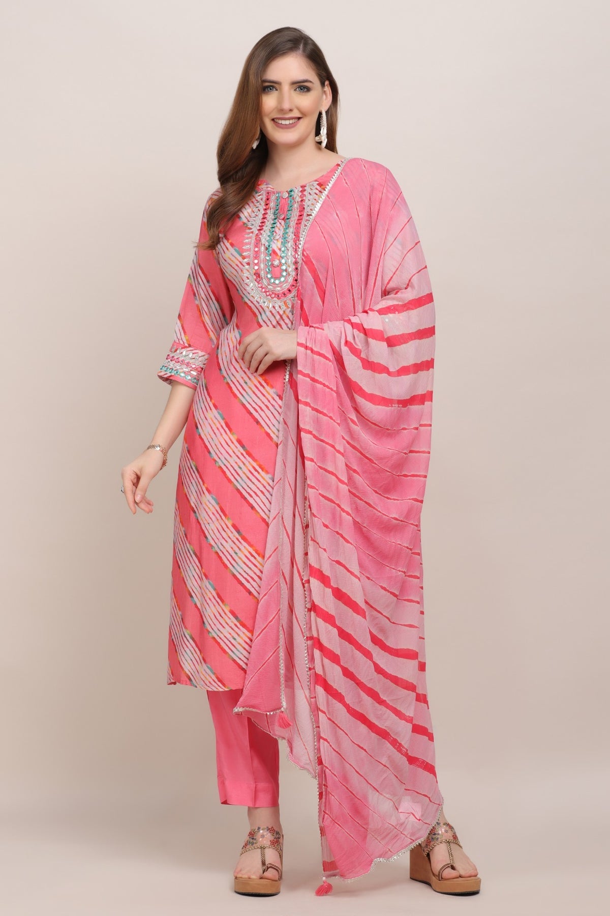 Classic Pink Color Diagonal Stripes Printed Kurti