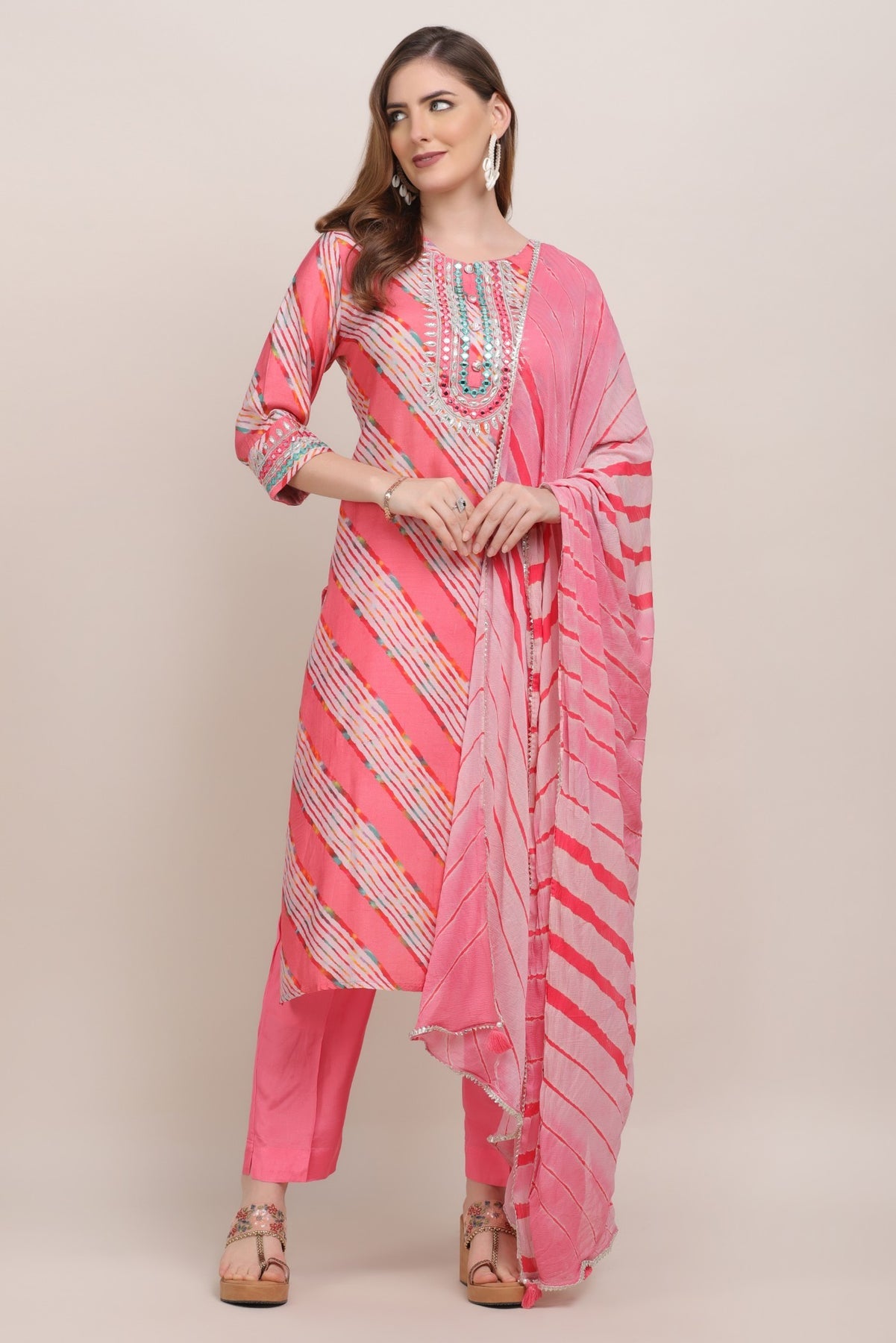 Classic Pink Color Diagonal Stripes Printed Kurti