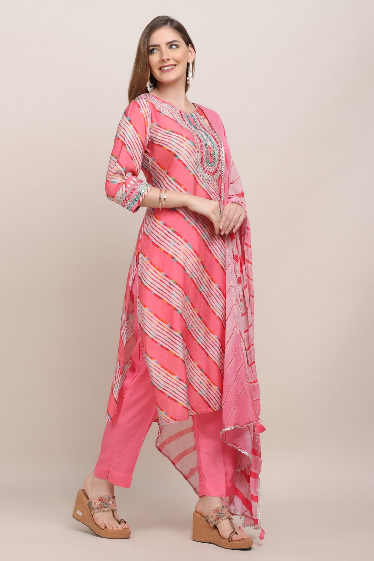 Classic Pink Color Diagonal Stripes Printed Kurti