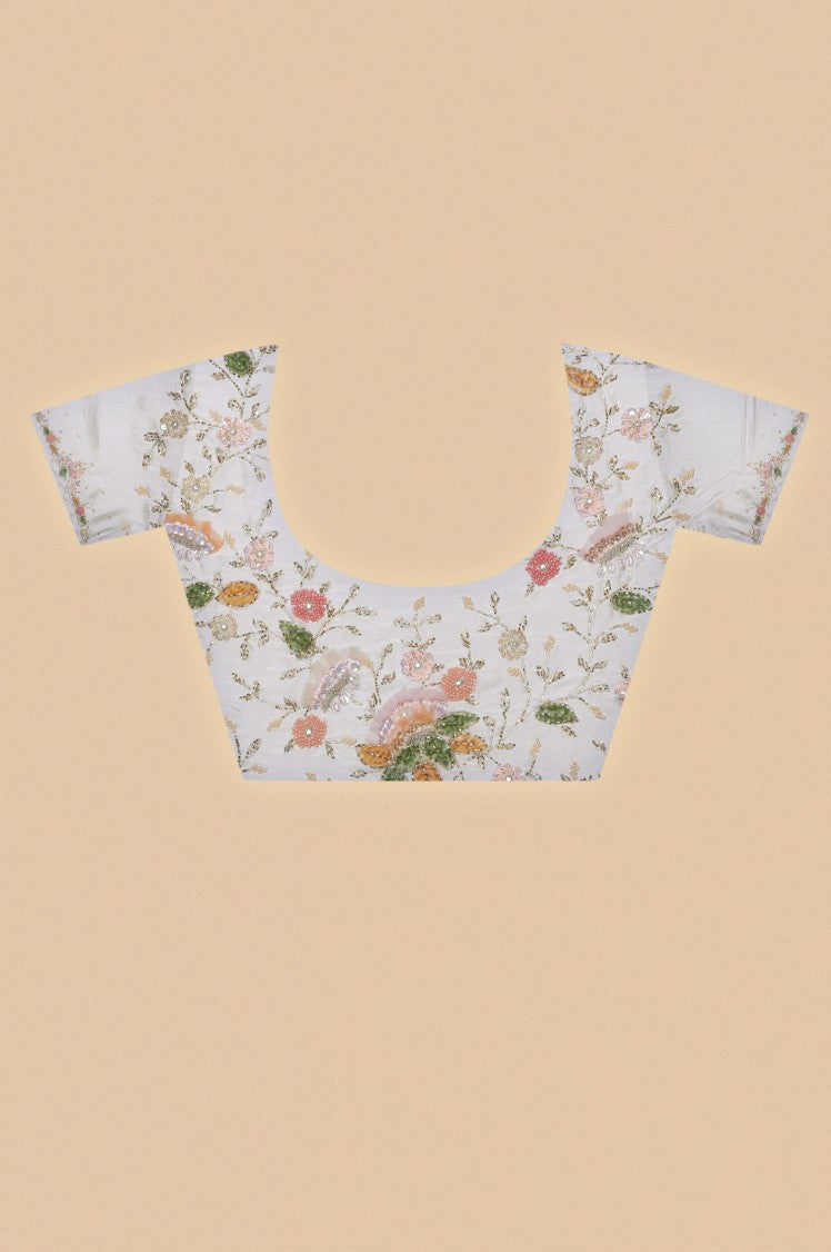 Classy white color floral embroidered saree