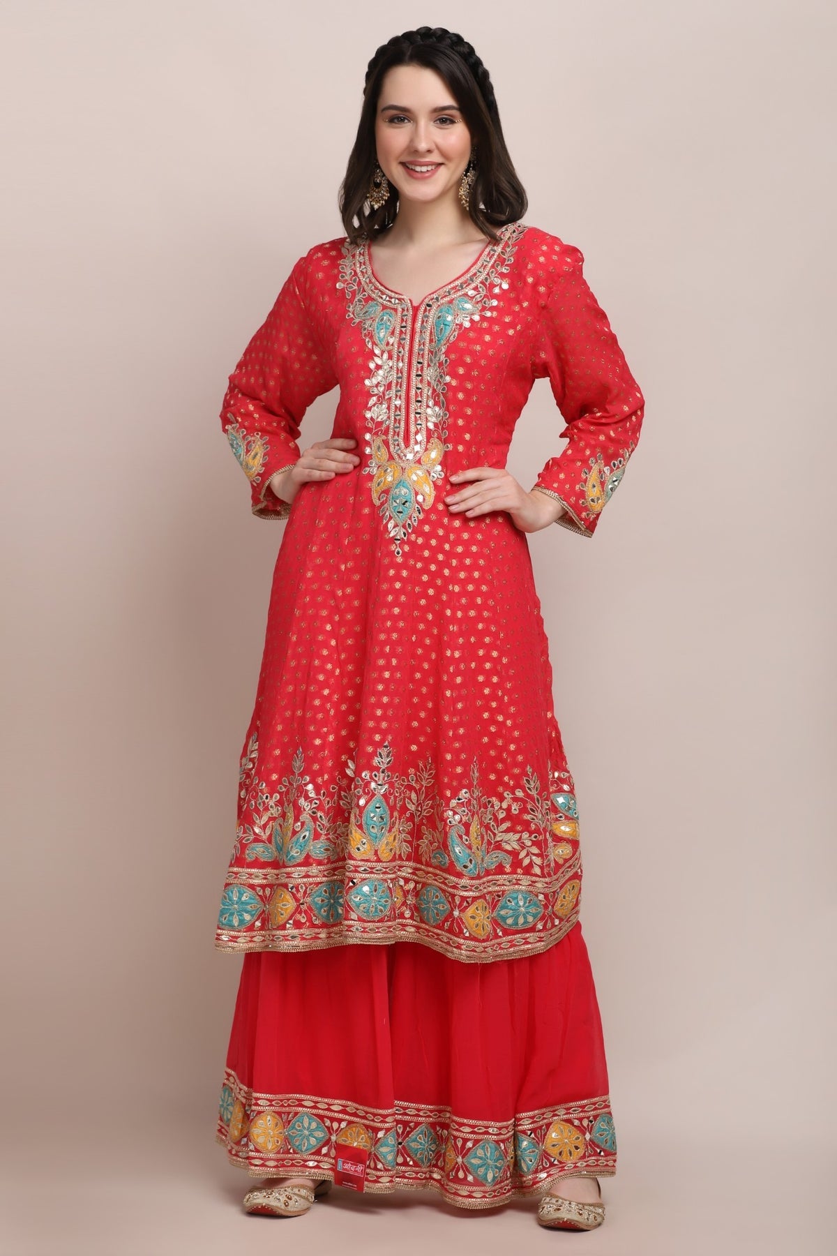Trendy Pink Floral Motif Embroidered Kurti Set