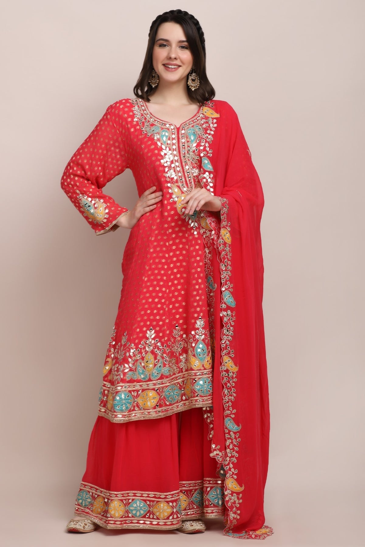 Trendy Pink Floral Motif Embroidered Kurti Set
